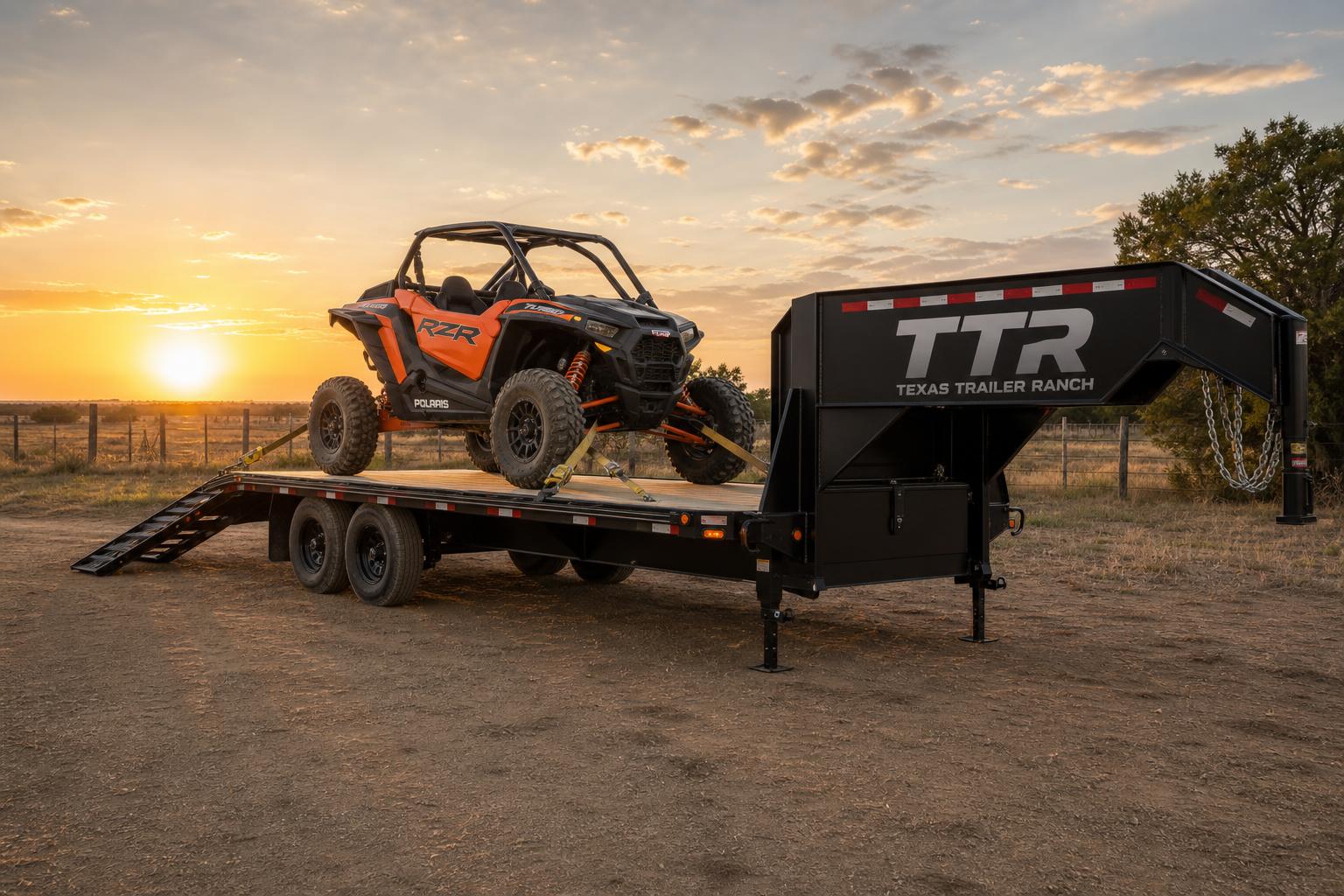 TTR-branded gooseneck flatbed trailer hauling a Polaris RZR side-by-side at sunset